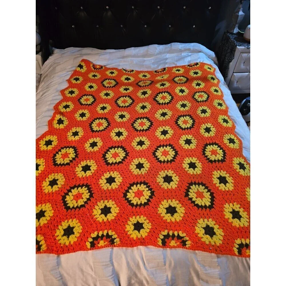 Vintage Handmade Afghan Hexagon Granny Square Crochet Blanket Throw Orange Yello